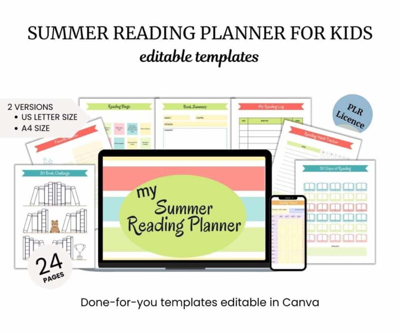 Image of a digital and printable summer reading planner for kids, highlighting 24 pages of editable templates, available in US Letter and A4 sizes, with a PLR license. The planner is shown on a tablet.