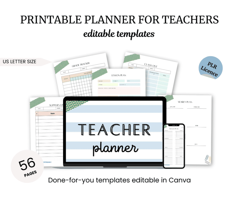 Image of a Printable Planner for Teachers displaying multiple editable templates. Includes class lists, grade trackers, lesson plans, and supply lists. Available in US letter size and editable in Canva.