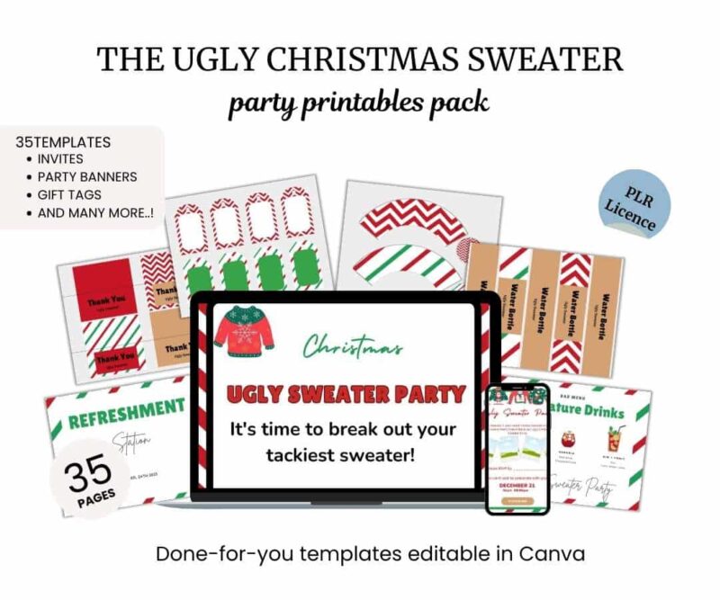 An assortment of printable templates for an ugly Christmas sweater party, including invites, party banners, gift tags, and more. Editable in Canva.