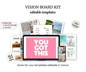 Image of a Vision Board Kit with editable templates. The kit includes 51 pages, available in US Letter and A4 sizes, and is editable in Canva. A laptop and phone display one template with "YOU GOT THIS" text.