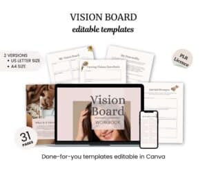 Editable vision board templates displayed in various formats including printouts and a digital version on a laptop. The templates include prompts and goal-setting guides, available in US Letter and A4 sizes.