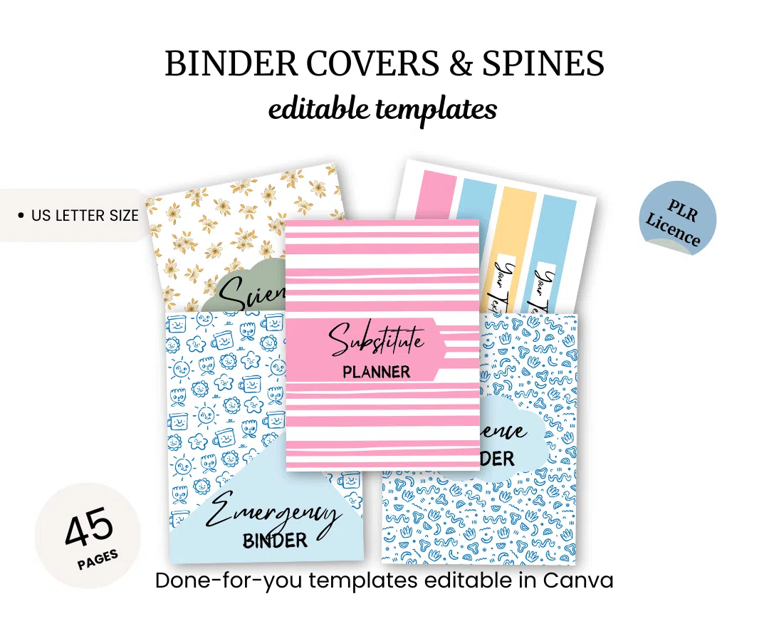 Binder covers and spines editable templates. Includes US letter size PLR licence pages: 45. Done-for-you templates editable in Canva.