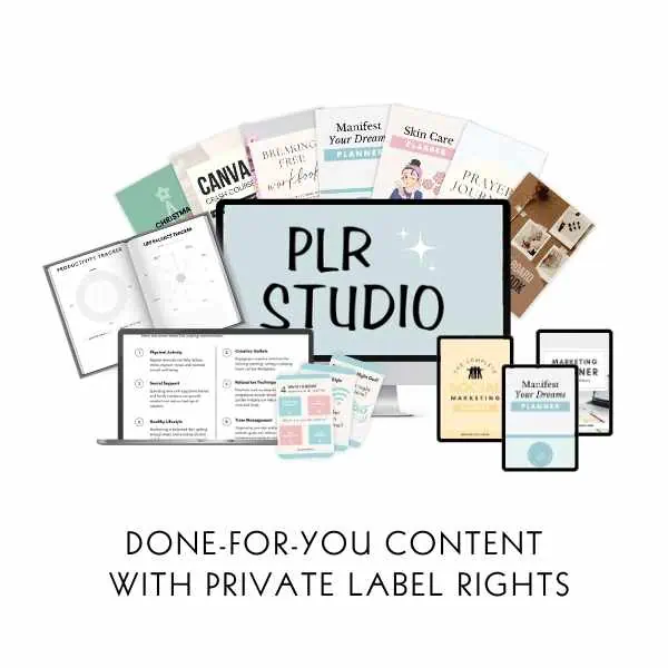 PLR Studio display featuring digital product templates, manifesting guides, and skincare content with the text: u0022Done-for-you content with private label rights.