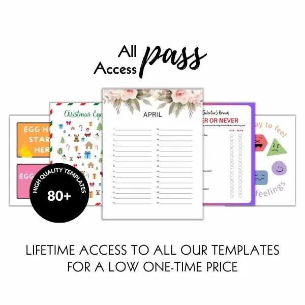 Template collection image with floral April calendar, Christmas pattern, colorful labels, and feelings chart. Text reads, "Lifetime access to all our templates for a low one-time price.
